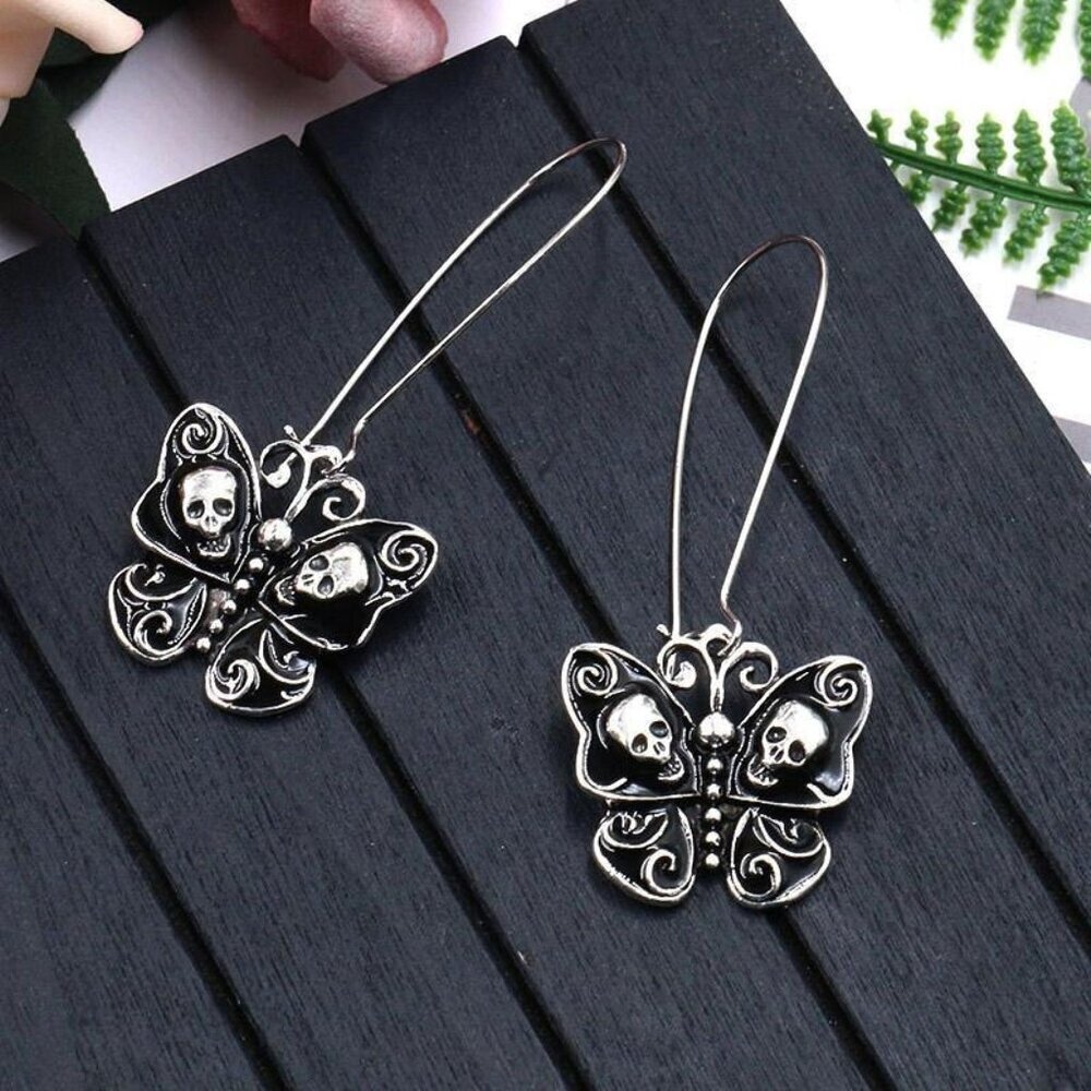 Goth Black Enamel Butterflies and Skulls Long Kidney Wire Dangle Earrings